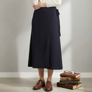 Pari Desai Knitted Wrap Midi Skirt M Academia Ribbed Waist Tie $365 Navy Blue